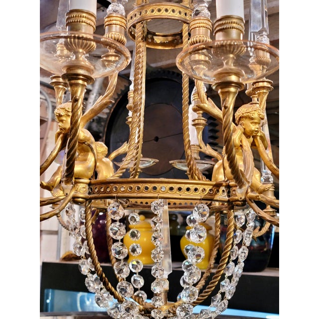 19th Century 19th Century French Gilt Bronze Chandelier W/4 Cherubs & Crystals For Sale - Image 5 of 13