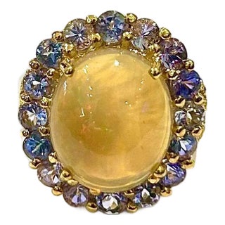 Bochic “Capri” Vintage Honey Opal & Tanzanite Ring — 18K Gold & Silver For Sale