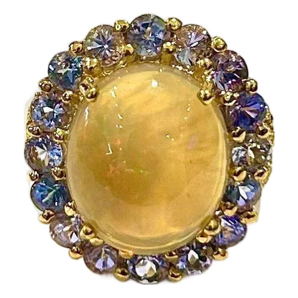 Bochic “Capri” Vintage Honey Opal & Tanzanite Ring — 18K Gold & Silver For Sale