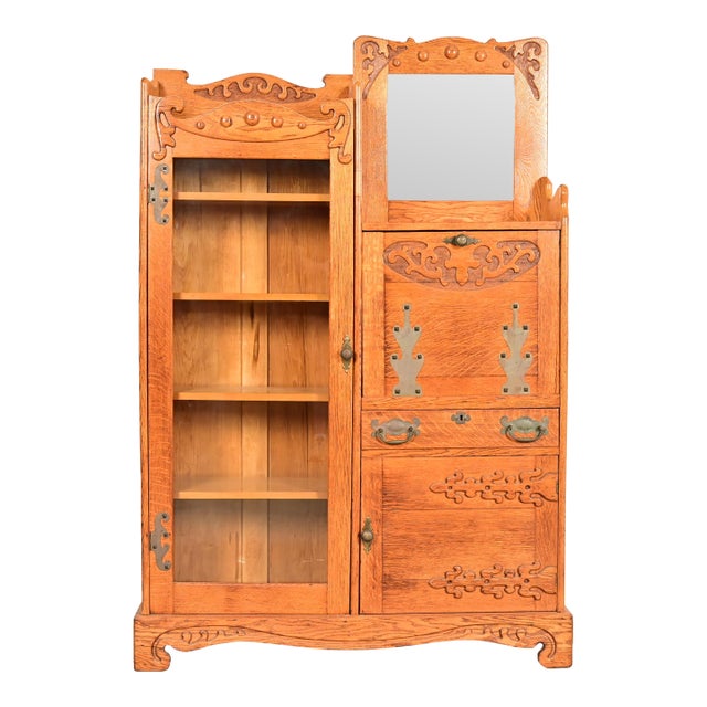 Antique Victorian Oak Side-by-Side Bookcase With Drop Front Secretary Desk, Circa 1900 For Sale