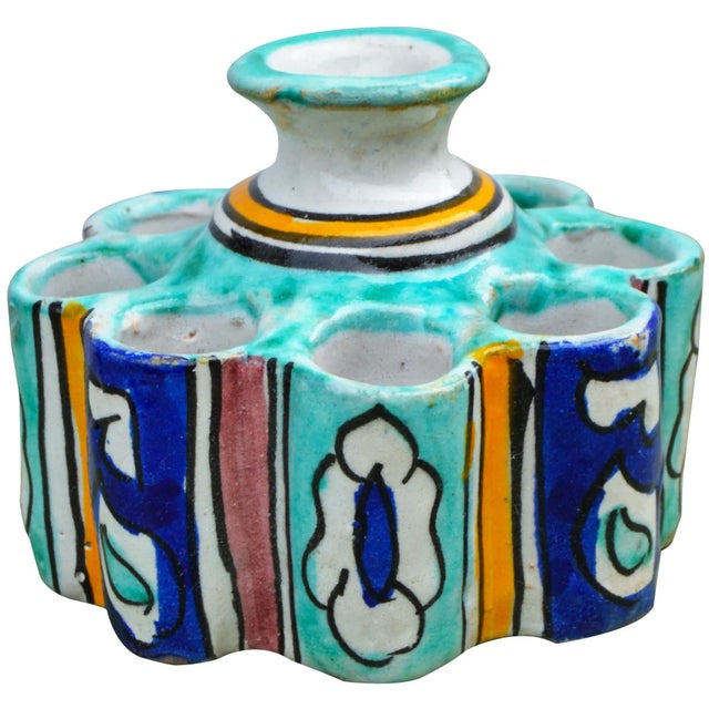 Handcrafted and glazed Moroccan ceramic inkwell with candleholder from Fez. Exhibits an ornate hand-painted Moorish...