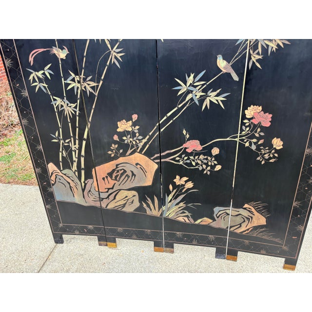 English Exquisite Chinese Export Four Panel Coromandel Screen With Birds in Landscape For Sale - Image 3 of 15