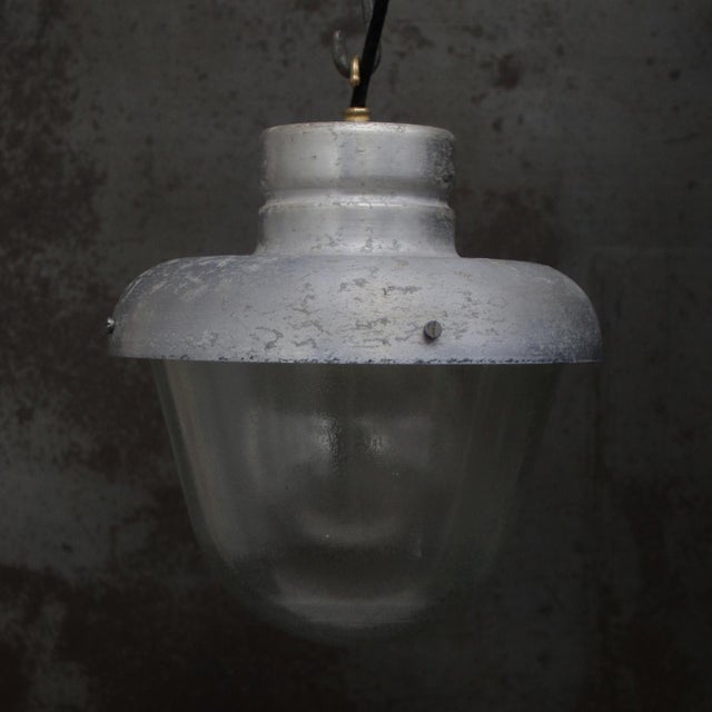 Gray Vintage Industrial Grey Metal & Frosted Glass Pendant Lamp For Sale - Image 8 of 9