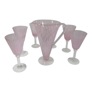 1960s Pink Striped Murano Style Martini Pitcher and Stemmed Goblets Set- 7 Pieces