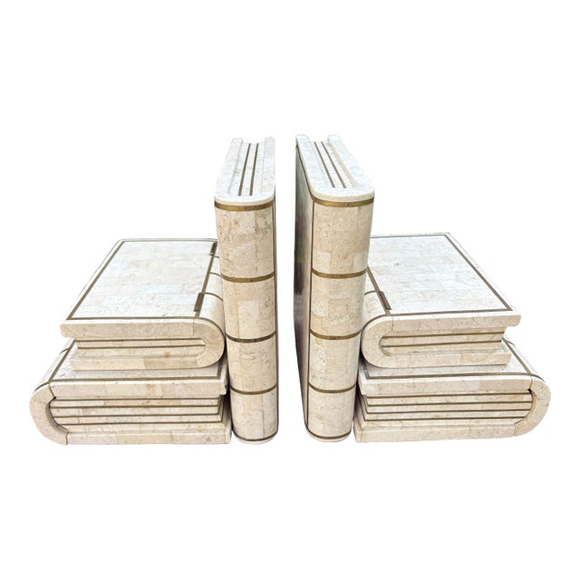Pair of Maitland Smith Tessellated Travertine and Brass Bookends For Sale