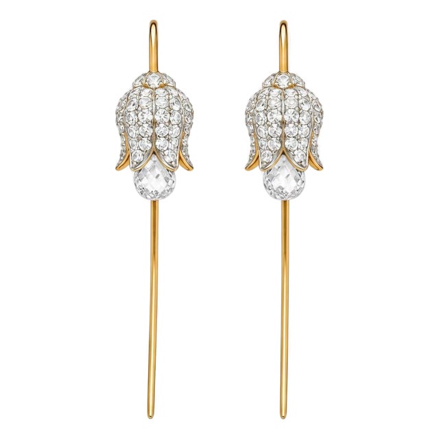 Silver, Gold Lily Flower Earrings With Rock Crystal Briolettes, Pair For Sale