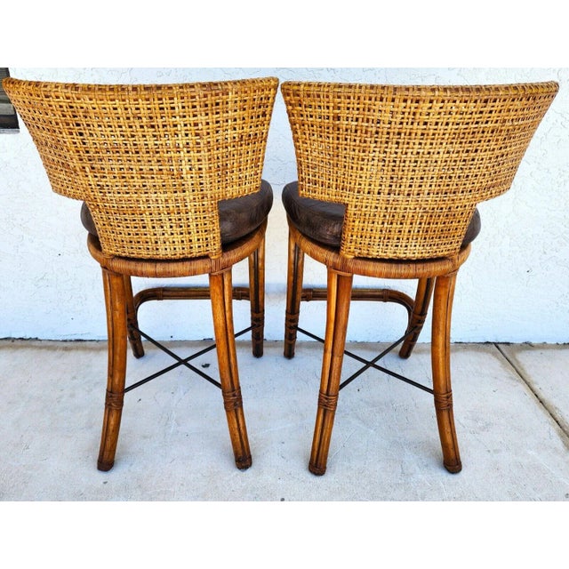 Kreiss Bamboo Barstools Leather Pair For Sale - Image 10 of 13