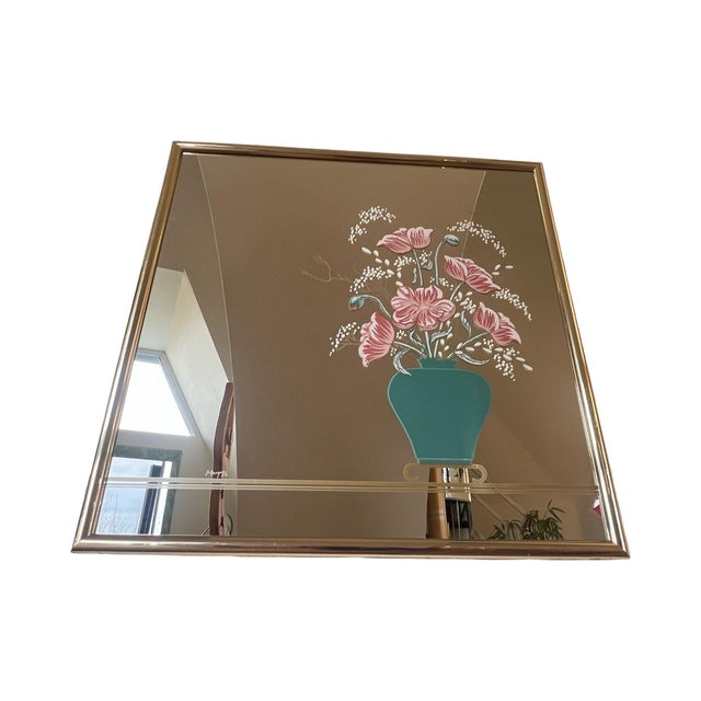 Vintage Postmodern 1980s Square Wall Mirror Windsor Gold Frame Flowers Vase For Sale - Image 4 of 13