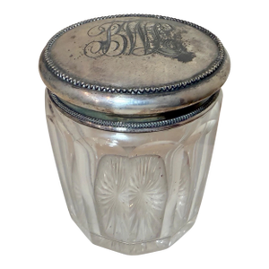 Large Antique Hand Monogrammed Silver-Plate Crystal Glass Tobacco Jar Humidor