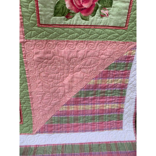 Vintage 1990’s Floral Patchwork Quilt Pink Green Yellow Roses Reversible to Pink Multi Seersucker Motifs 68” X 53” Twin For Sale - Image 11 of 12