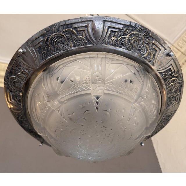 1930s Art Deco A La Nuit Étoilée Ceiling Light in Pressed Molded Glass and Nickel-Plated Bronze by Müller Frères Lunéville, 1930 For Sale - Image 5 of 18