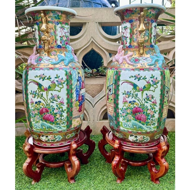 Late 19th Century Pair of Large Antique Famille Rose Medallion Chinese Vases With Rosewood Stands For Sale - Image 5 of 18