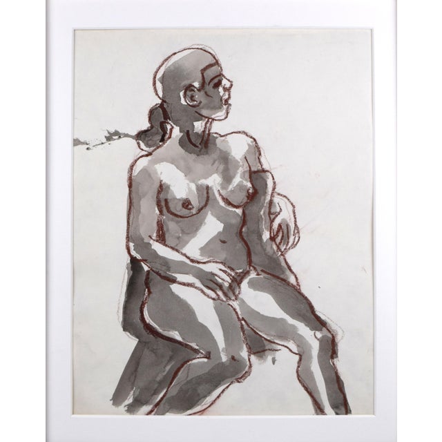 Vintage modernist mixed media figurative abstract. Conte and watercolor on paper. From an artists portfolio with work...