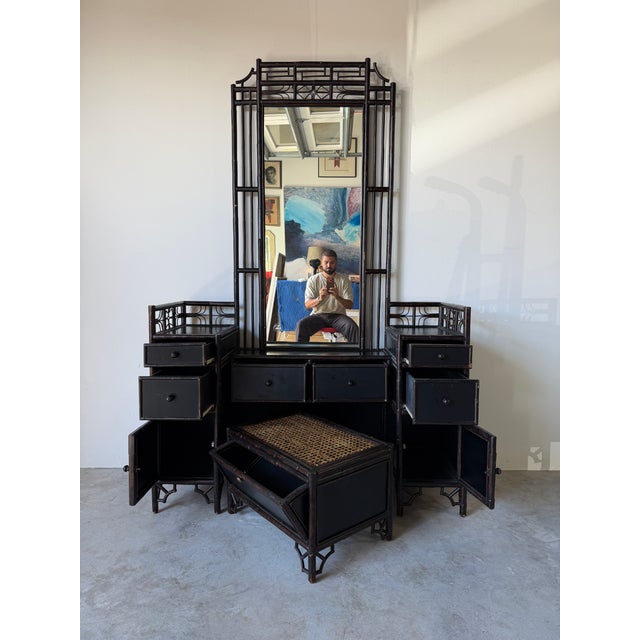 Chinoiserie Vintage Chinoiserie Black Lacquered Bamboo Vanity Dressing Table With Mirror, Side Cabinets & Wicker Bench For Sale - Image 3 of 17