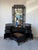 Chinoiserie Vintage Chinoiserie Black Lacquered Bamboo Vanity Dressing Table With Mirror, Side Cabinets & Wicker Bench For Sale - Image 3 of 17