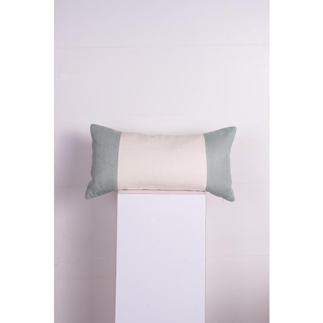 * Custom white and light blue colorblock lumbar pillow 21" x 11" * Slubby linen fabrics in off-white and pale blue *...