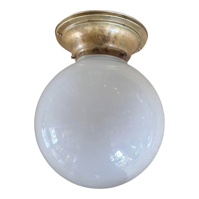 1920s White Cased Glass Ball Fixture on Old Brass Holder For Sale