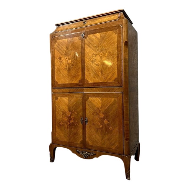 Louis XV Style Secretary in Precious Wood Marquetry with Floral Decoration, 1900s For Sale