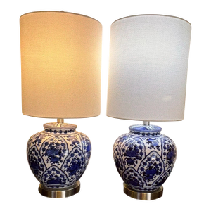 Vintage Chinoiserie Style Blue and White Ginger Jar 3-Way, Table Lamps - a Pair