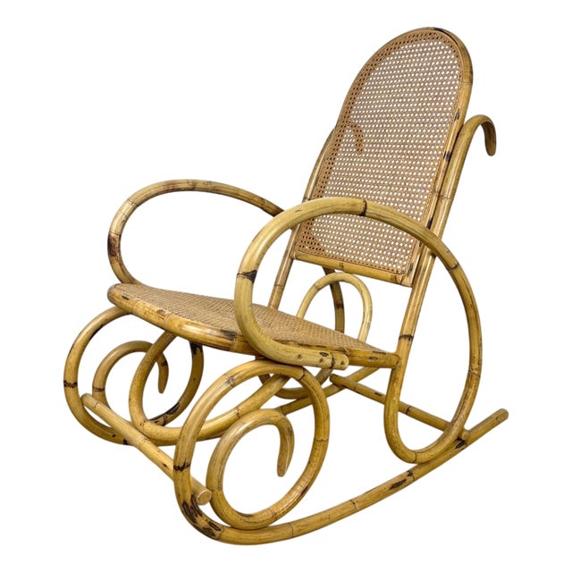 Rattan and Cane Rocking Chair, 1970s For Sale
