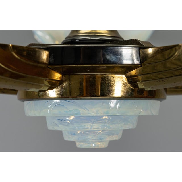 Art Deco Bronze and Opalescent Glass Six-Light Chandelier attributed to Ezan, France For Sale - Image 12 of 18