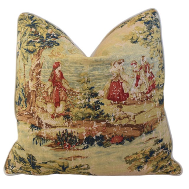 Textile Romantic French Toile Linen Feather/Down Pillow For Sale - Image 7 of 7