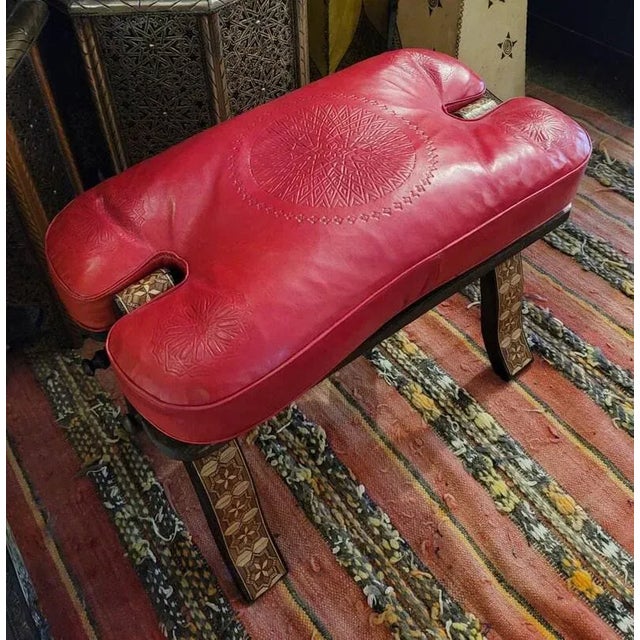 Wood Moroccan Camel Saddle Red Leather Cushion Stool For Sale - Image 7 of 8