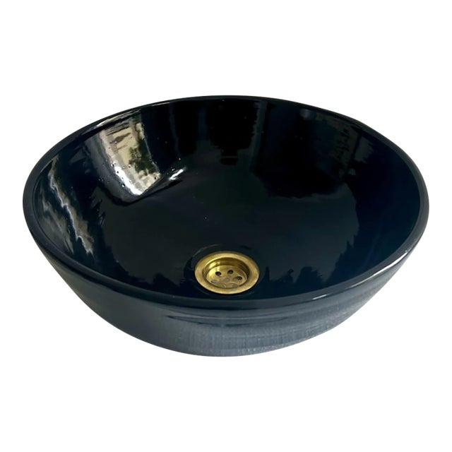 Black Round Ceramic Blacked Vanity Vessel Sink Basin, Brass Drain For Sale