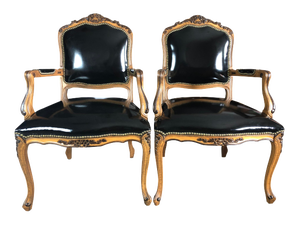Faux Leather Black & Plaid Fauteuils, Pair
