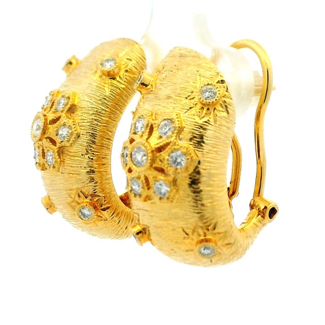 Vintage Brushed Yellow 14K Gold Hoop Earrings with Diamonds For Sale - Image 10 of 14