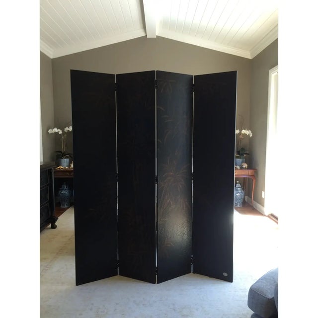 This is a Baker Furniture chinoiserie screen with a crackle finish and bamboo motif, it has four panels. Overall it is...