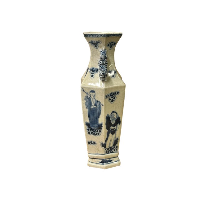 1990s Vintage Rhombus Shape Blue White Eight Immortal Graphic Porcelain Vase For Sale - Image 5 of 18