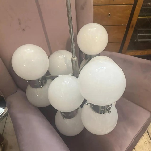 1960s Space Age Steel and Opaline Glass 10 Lights Italian Chandelier For Sale - Image 14 of 17