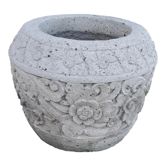 Vintage Stone Carved Balinese Garden Pot For Sale