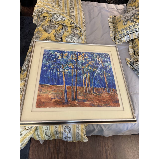 Large Signed James Busby Forest Landscape Painting – Vibrant Blue & Rust Woodland Scene – Professionally Framed – 35” X 32” For Sale - Image 4 of 6