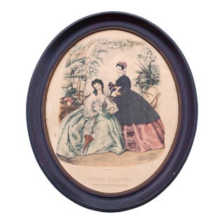 1800's Antique French La Mode Illustree Fashion Engraving Lithograph in Eastlake Style Wooden Frame For Sale