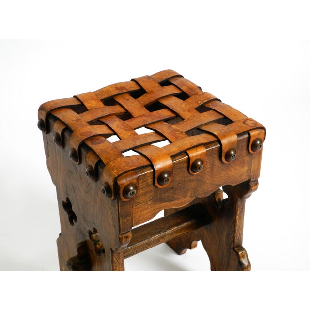 Vintage Oak Stool with Seat in Leather Straps, 1940s For Sale - Image 13 of 18