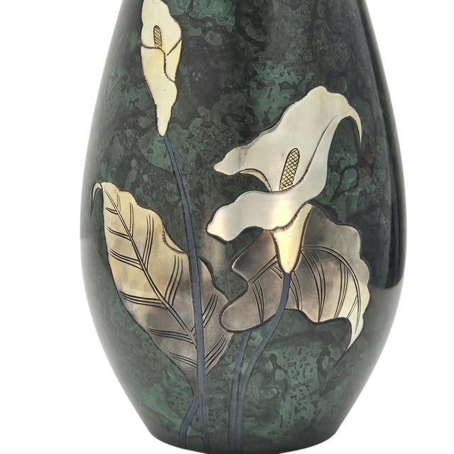 Mid Century Japanese Takaoka Bronze Vase With Mixed Metal Lily Inlay 9.75” For Sale - Image 4 of 12