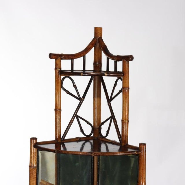 Antique Asian Bamboo Corner Etagere With Floral Leather Tooling, Stylized Foliate Elements & Mirror C1890 Measures - 69...