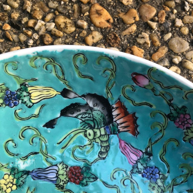 Late 20th Century Vintage 20th Century Japanese Porcelain Ware Heavily Enameled 7.5” Turquoise Bowl with Butterflies For Sale - Image 5 of 8