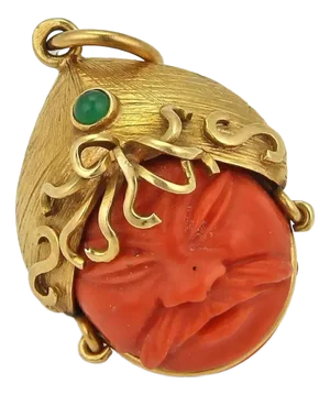 Emerald & Carved Coral 18k Yellow Gold Double Side Warrior Face Charm Pendant