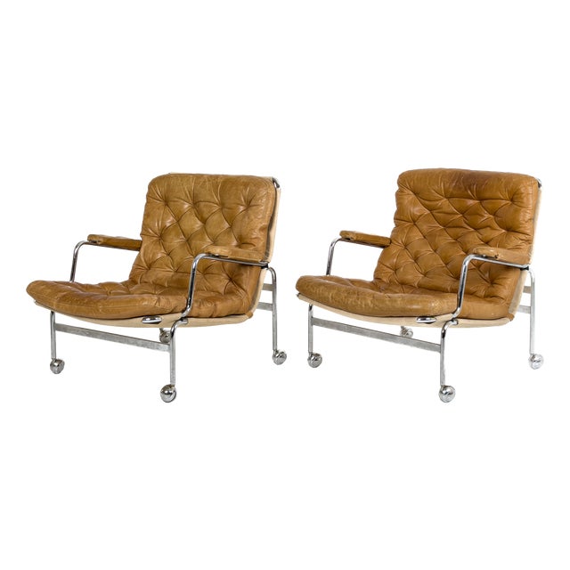 Karin Lounge Chairs in Leather by Bruno Mathsson for Dux, Sweden, 1970s, Set of 2 For Sale