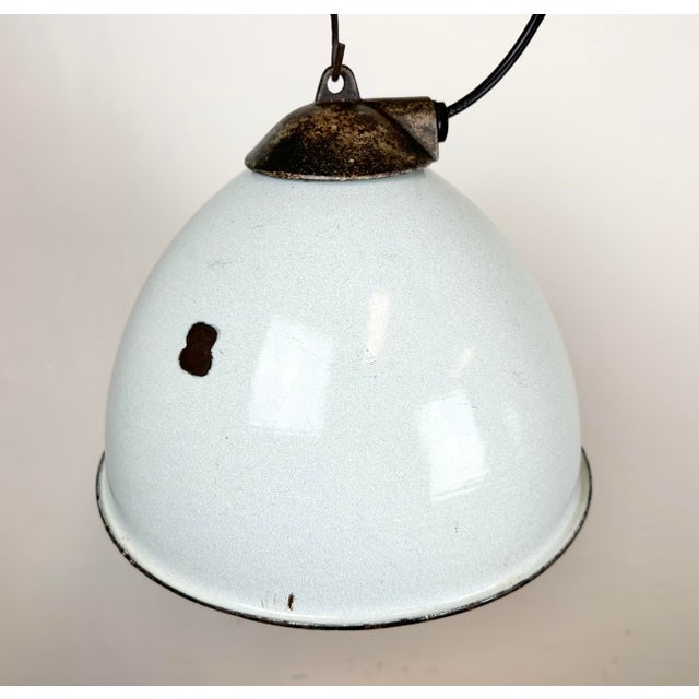 Paint Industrial Grey Enamel Factory Lamp with Cast Iron Top, 1960s For Sale - Image 7 of 17