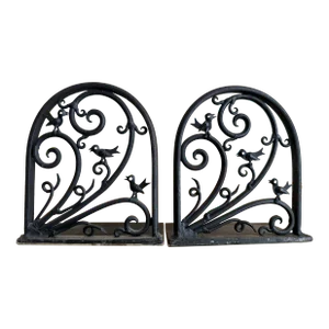 Whimsical Dirk Van Erp Style Wrought Iron Bird & Swirl Bookend Set