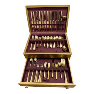 Vintage Mid-Century Dirilyte "Regal" Flatware Set - Solid Golden Bronze - Large 115-Piece Service Assortment With Original 2-Tier Wood Chest For Sale