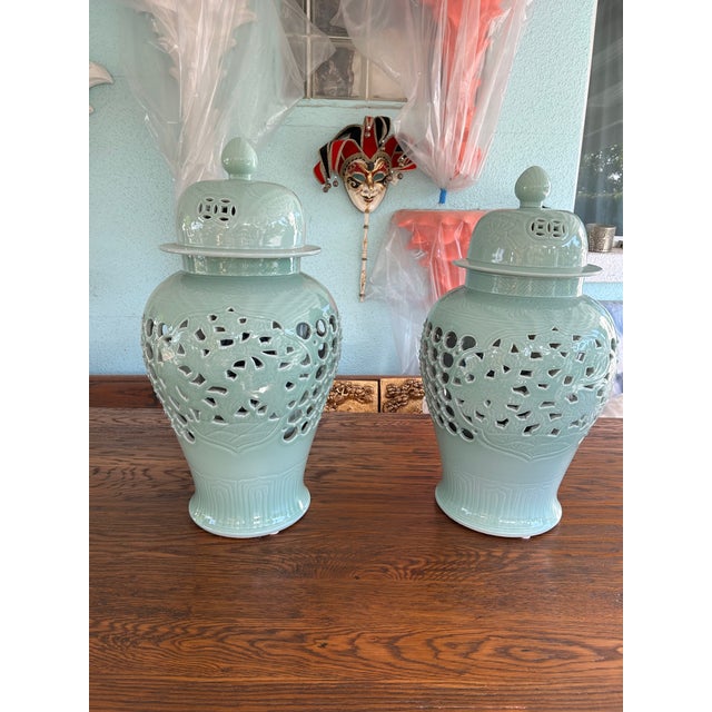 Chinoiserie Late 20th Century Pair of Celadon Pierced Ginger Jars With Finial Lids For Sale - Image 3 of 10