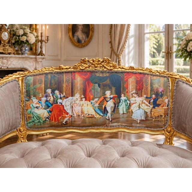 French 1975 French Artisan Louis XVI Gold Velvet Settee For Sale - Image 3 of 8