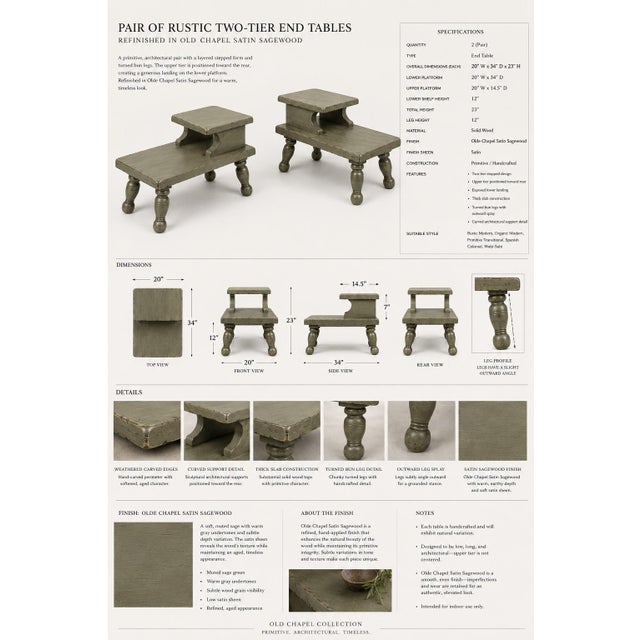 PAIR OF SCULPTURAL PRIMITIVE TWO-TIER END TABLES — OLD CHAPEL SATIN SAGEWOOD A striking and highly unusual pair of...