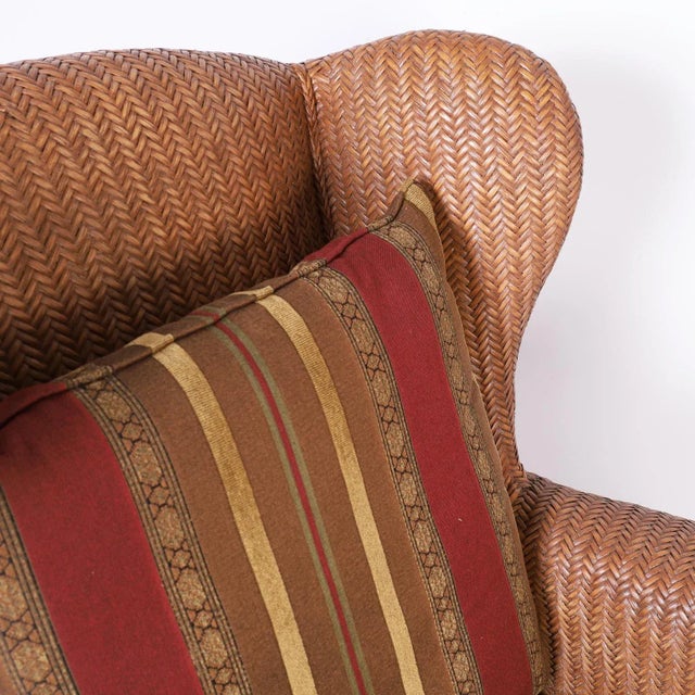 Late 20th Century Vintage Woven Reed or Wicker Wingback Armchair and Ottoman For Sale - Image 5 of 11
