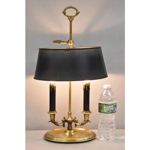 Vintage French Empire Tole Metal Small Brass Bouillotte Desk Lamp with Adjustable Height Oval Shade. Circa Mid 20th...
